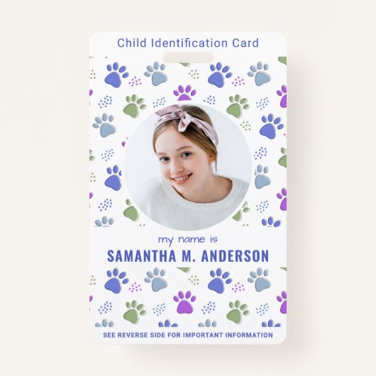 Kind ID Noodsituatie Kaart Schattigee Paw Prints F Badge (Voorkant)