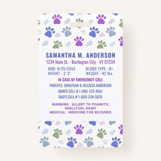 Kind ID Noodsituatie Kaart Schattigee Paw Prints F Badge (Achterkant)