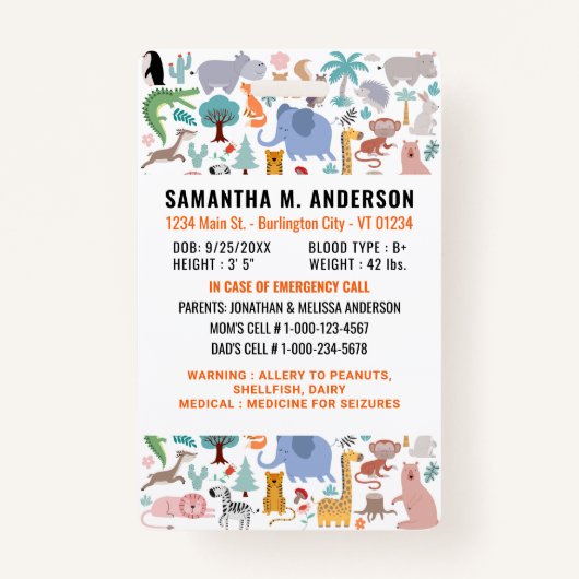 Kind ID Noodsituatie Schattigee Leuke Dieren Kinde Badge (Achterkant)