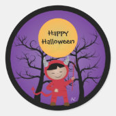 Kind in duivelkostuum Fijne Halloween Stickers (Voorkant)