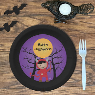 Kind in duivelkostuum Halloween papieren borden Bordje