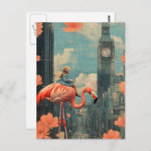 Kind in een blauwe jurk rijdt op een roze flamingo briefkaart (Voorkant / Achterkant)