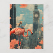 Kind in een blauwe jurk rijdt op een roze flamingo briefkaart (Voorkant)