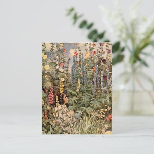 Kind in een tuin briefkaart (Staand voorkant)