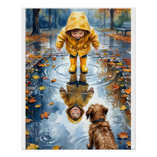 Kind in gele regenjas plas met hond fleece deken perfect poster