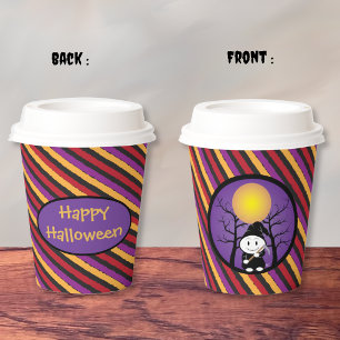 Kind in Grim-kostuum Halloween gestreepte papieren Bekers