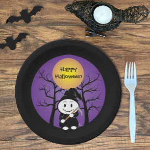 Kind in grimmige kostuum Halloween papieren borden Bordje