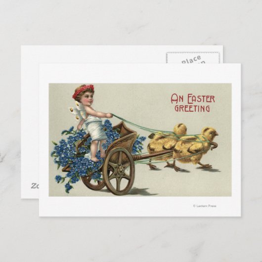 Kind in Toga op Chariot Pulled by Chicken Briefkaart (Voorkant / Achterkant)