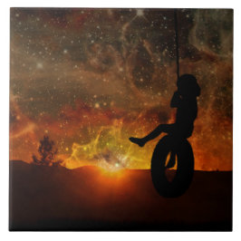 Kind in Tyre Swing Keramische Tegel Tegeltje