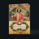 KIND JESUS MET ANGELS EN CHRISMAS CROWNS FEESTDAGEN KAART<br><div class="desc">Kleurrijke levendige kerstnacht,  Kind Jesus met vliegende gevleugelde kerubs,  florale kerstkronen met hollyberries en roze bogen,  verouderde bruine perkamentakken,  3D rode roodbruine edelstenen..Digitale collage en design door Bulgan Lumini (c)</div>
