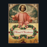 KIND JESUS MET ANGELS EN CHRISTMAS CROWNEN FEESTDAGENKAART<br><div class="desc">Kleurrijke levendige kerstnacht,  Kind Jesus met vliegende gevleugelde kerubs,  florale kerstkronen met hollyberries en roze bogen,  verouderde bruine perkamentakken,  3D rode roodbruine edelstenen..Digitale collage en design door Bulgan Lumini (c)</div>