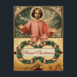 KIND JESUS MET ANGELS EN CHRISTMAS CROWNEN FEESTDAGENKAART<br><div class="desc">Kleurrijke levendige kerstnacht,  Kind Jesus met vliegende gevleugelde kerubs,  florale kerstkronen met hollyberries en roze bogen,  verouderde bruine perkamentakken,  3D rode roodbruine edelstenen..Digitale collage en design door Bulgan Lumini (c)</div>