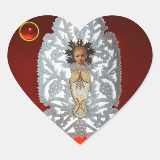 Kind Jezus, Antiek kerstpapier met ruby Hart Sticker (Voorkant)