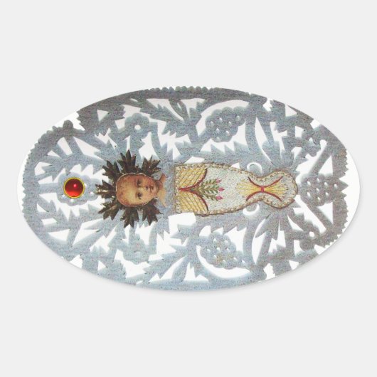 Kind Jezus, Antiek kerstpapier met ruby Ovale Sticker (Voorkant)