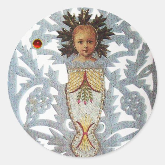 Kind Jezus, Antiek kerstpapier met ruby Ronde Sticker (Voorkant)