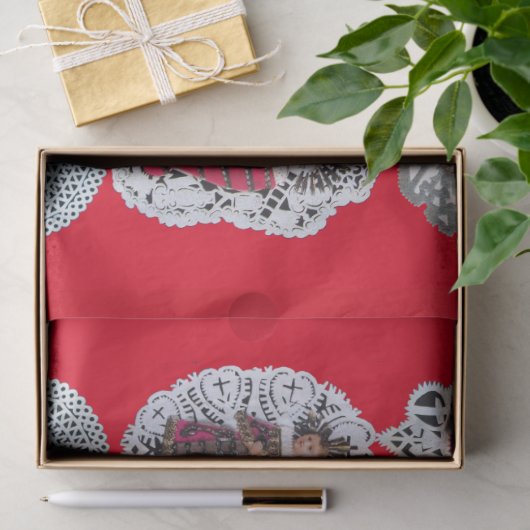 Kind Jezus, Antiek kerstpapier, rood Tissuepapier (Geschenk)