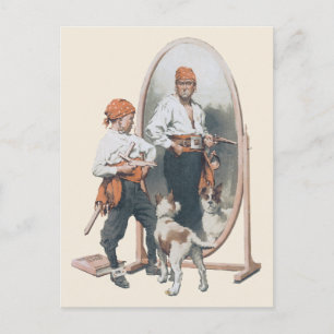 Kind, Jongen Pirate, Dog, Mirror, Buccaneer Briefkaart