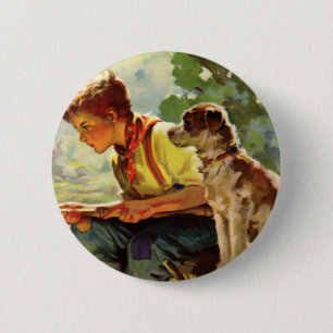 kind, jongen Vist met zijn huisdier Ronde Button 5,7 Cm