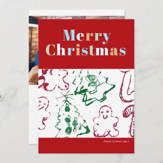 Kind Kerstkunst Vrolijk Kerstfeest Custom Photo Feestdagenkaart (Voorkant / Achterkant)