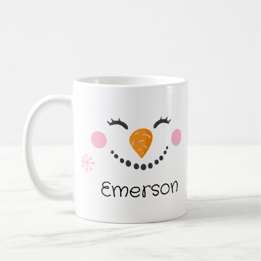 Kind Kerstmis lachende sneeuwpop gepersonaliseerde Koffiemok (Links)