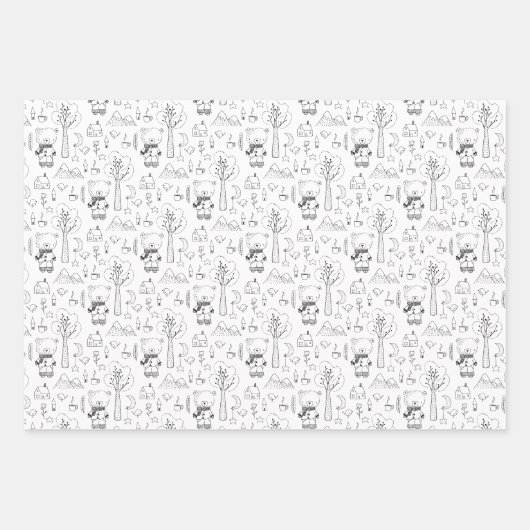 Kind Kerstmis zwart en White Winter Teddy Bears Inpakpapier Vel (Voorkant 3)