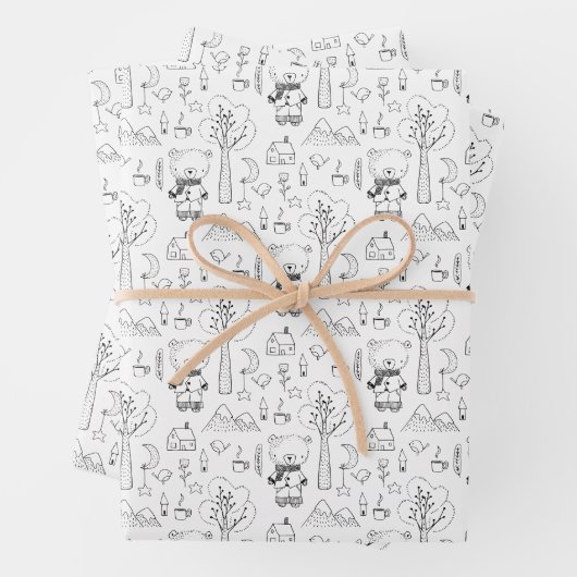 Kind Kerstmis zwart en White Winter Teddy Bears Inpakpapier Vel (In situ)