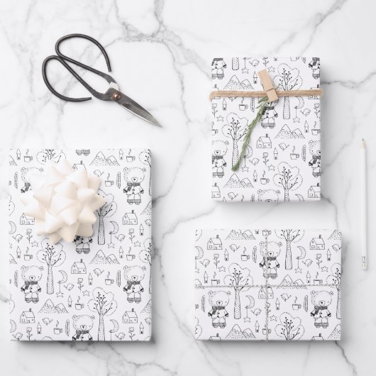 Kind Kerstmis zwart en White Winter Teddy Bears Inpakpapier Vel (Voorkant)