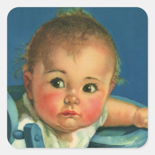 kind, kind, kind of meisje in hoge kinderstoel vierkante sticker (Voorkant)