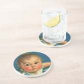  kind, kind, kind of meisje in hoge kinderstoel zandsteen onderzetter (Zijkant)