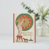  Kind Klok Speelgoed Paard en Kaars Nieuwjaar Briefkaart (Staand voorkant)