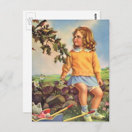 kind, meisje dat vogels in de boom kijkt, lente briefkaart (Voorkant / Achterkant)