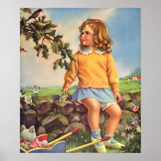  kind, meisje dat vogels in de boom kijkt, lente poster