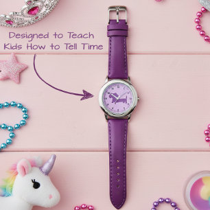 Kind Meisjes Paarse Dachshund Leren Tijd Horloge