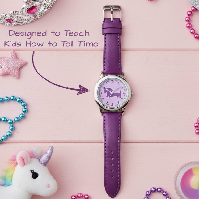 Kind Meisjes Paarse Dachshund Leren Tijd Horloge (learn to tell time dachshund watch)