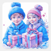 Kind met blauw en roze kerst Vierkante Sticker (Voorkant)
