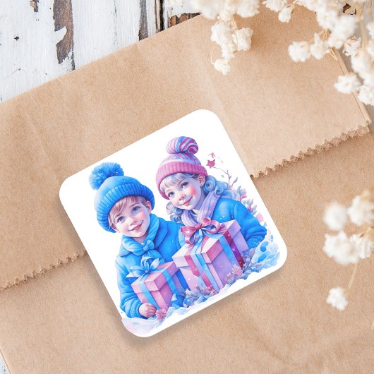 Kind met blauw en roze kerst Vierkante Sticker