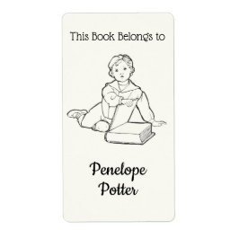  kind met boek en Jouw naam Bookplate Etiket