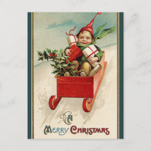 kind met cadeaus in smerig kerst briefkaart