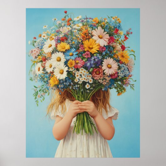 Kind met een weelderig wildflower boeket poster (Voorkant)