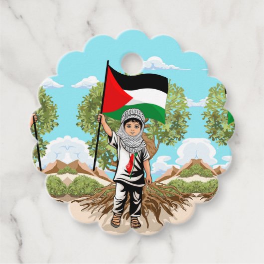 Kind met Keffiyeh Palestina Vlag en Olijfboom Bedankjes Labels (Voorkant)