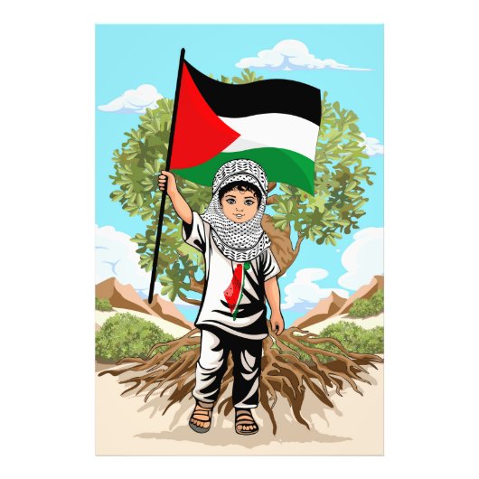 Kind met Keffiyeh Palestina Vlag en Olijfboom Foto Afdruk (Voorkant)