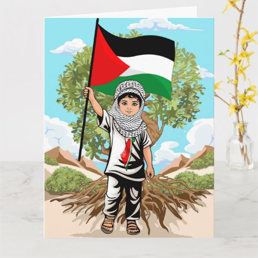 Kind met Keffiyeh Palestina Vlag en Olijfboom Kaart (Gele Bloem)