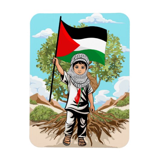 Kind met Keffiyeh Palestina Vlag en Olijfboom Magneet (Verticaal)