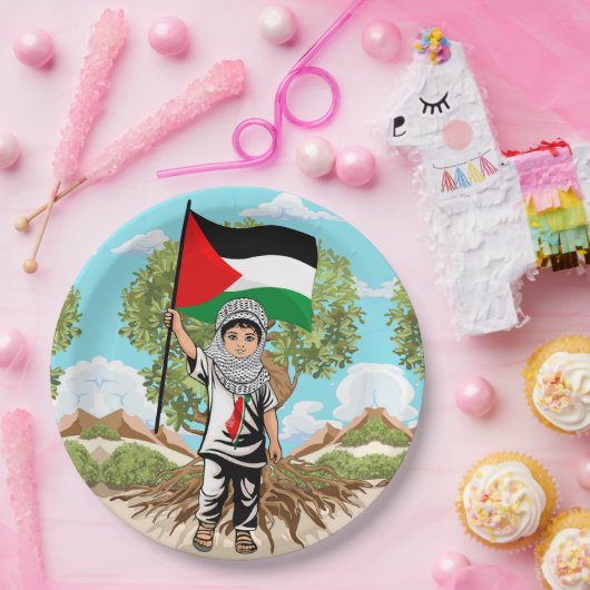 Kind met Keffiyeh Palestina Vlag en Olijfboom Papieren Bordje (Feest)