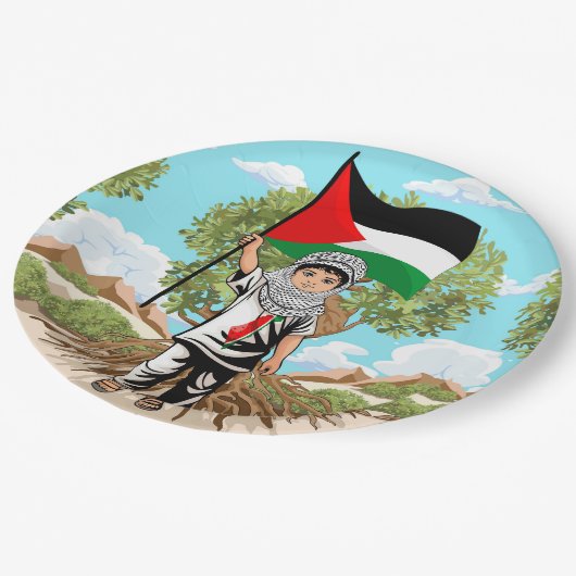Kind met Keffiyeh Palestina Vlag en Olijfboom Papieren Bordje (Gekanteld)