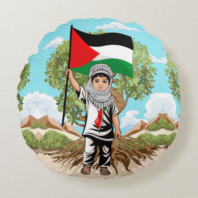 Kind met Keffiyeh Palestina Vlag en Olijfboom Rond Kussen (Voorkant)