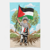Kind met Keffiyeh Palestina Vlag en Olijfboom Theedoek (Verticaal)