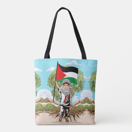 Kind met Keffiyeh Palestina Vlag en Olijfboom Tote Bag (Achterkant)