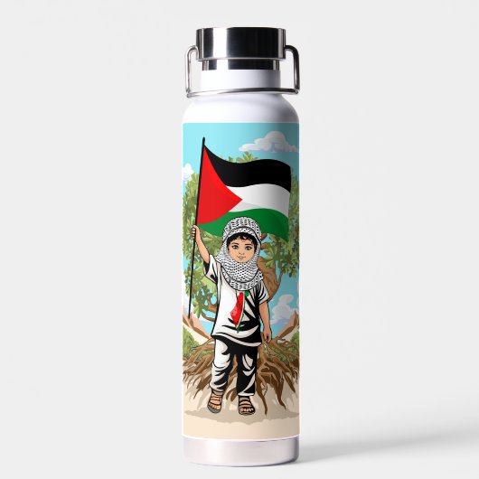 Kind met Keffiyeh Palestina Vlag en Olijfboom Waterfles (Achterkant)