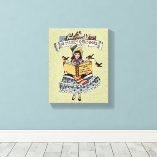 kind met kerstboek canvas afdruk (Insitu (Houten vloer))